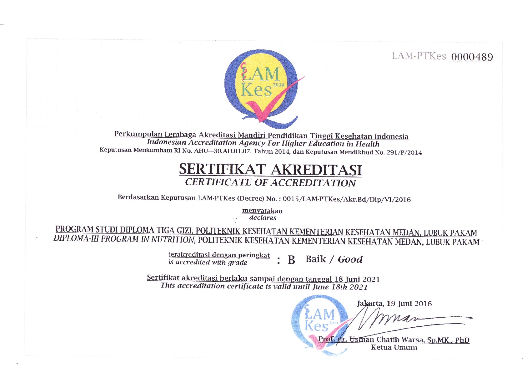 Sertifikat Akreditasi Prodi D-III Gizi yang dikeluarkan oleh LAMPTKes